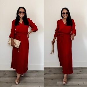 Red Pleated Belted Wrap Dress (S)
